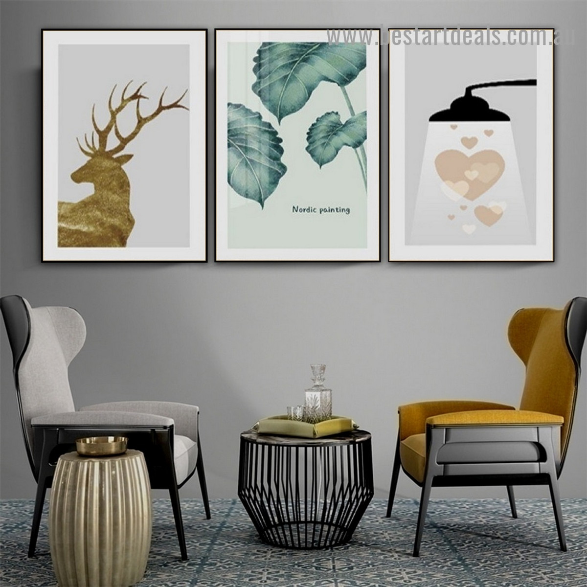 Colorless Green Leafs Botanical Nordic Scandinavian Framed Artwork Picture Canvas Print for Room Wall Decoration