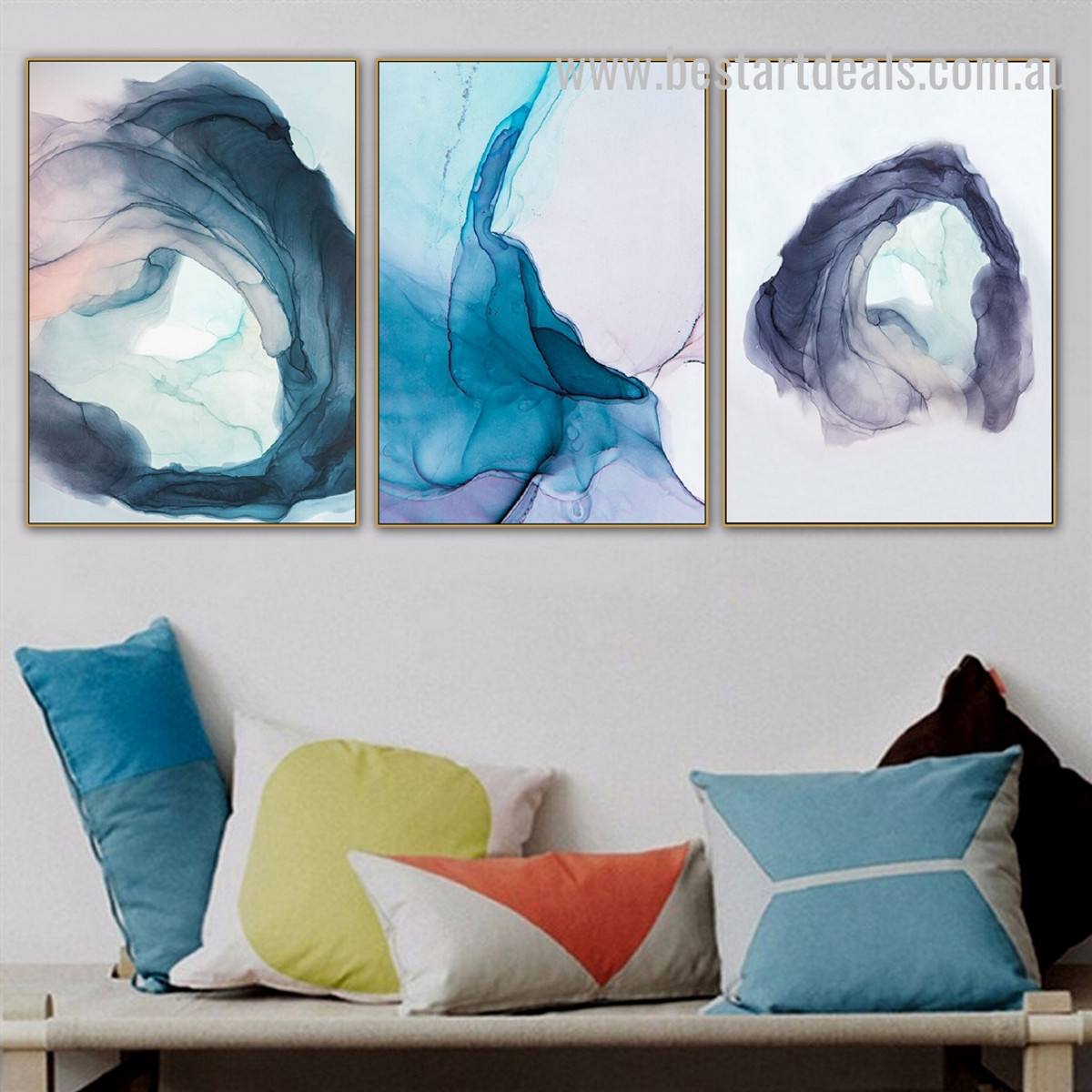 Blue Texture Abstract Watercolor Nordic Framed Painting Picture Canvas Print for Room Wall Adornment