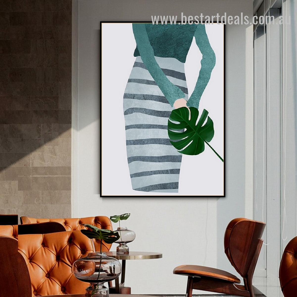 Green Girl Abstract Figure Minimalist Nordic Framed Painting Picture Canvas Print for Room Wall Drape