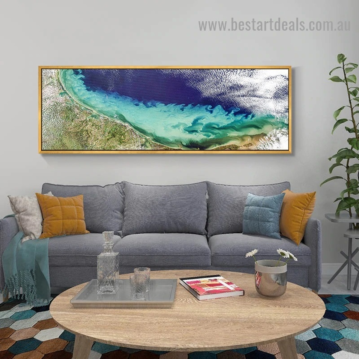 Blue Green Sea Landscape Abstract Modern Artwork Portrait Canvas Print for Room Wall Adornment