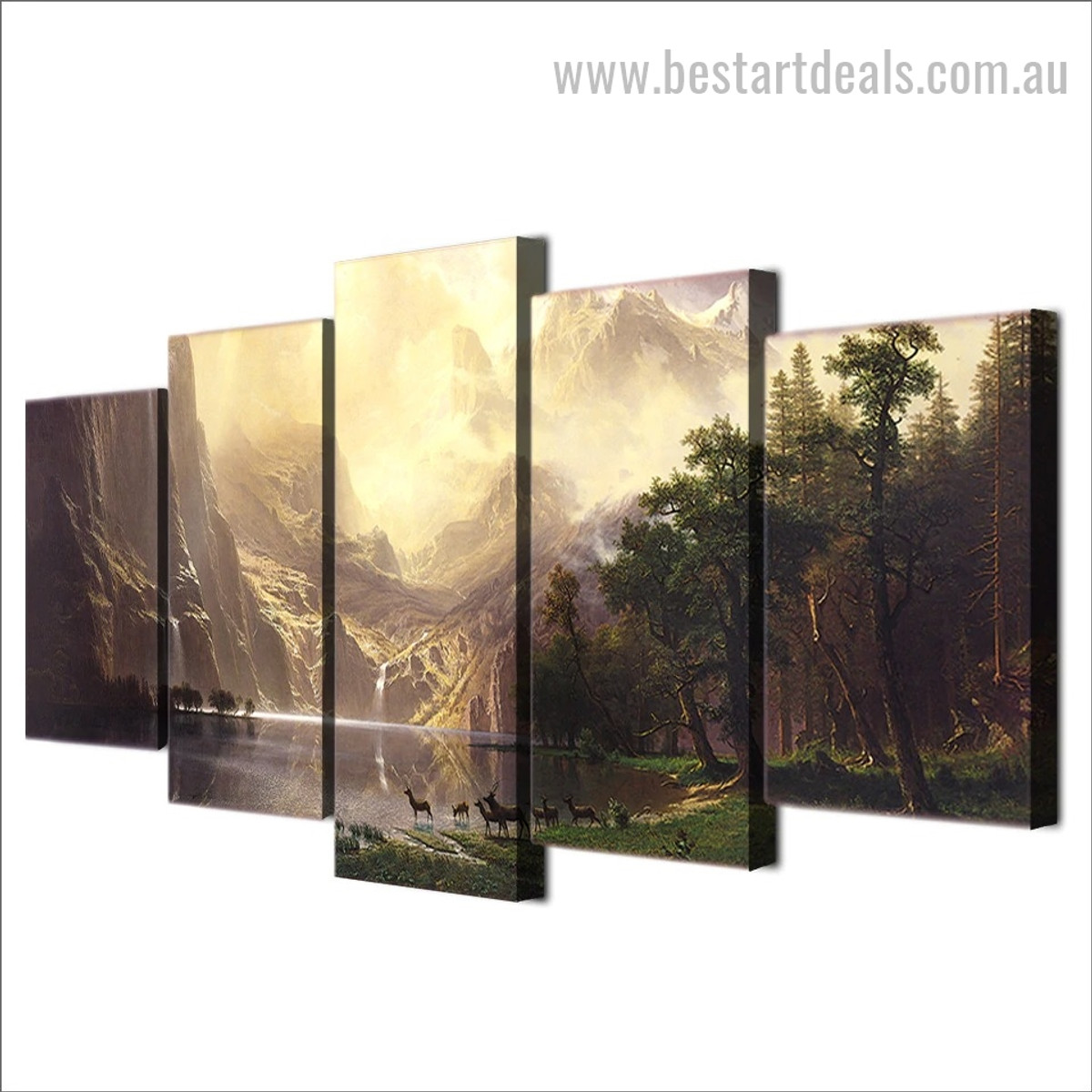 Mountain Lake Deer Animal Nature Landscape Modern Framed Painting Image Canvas Print