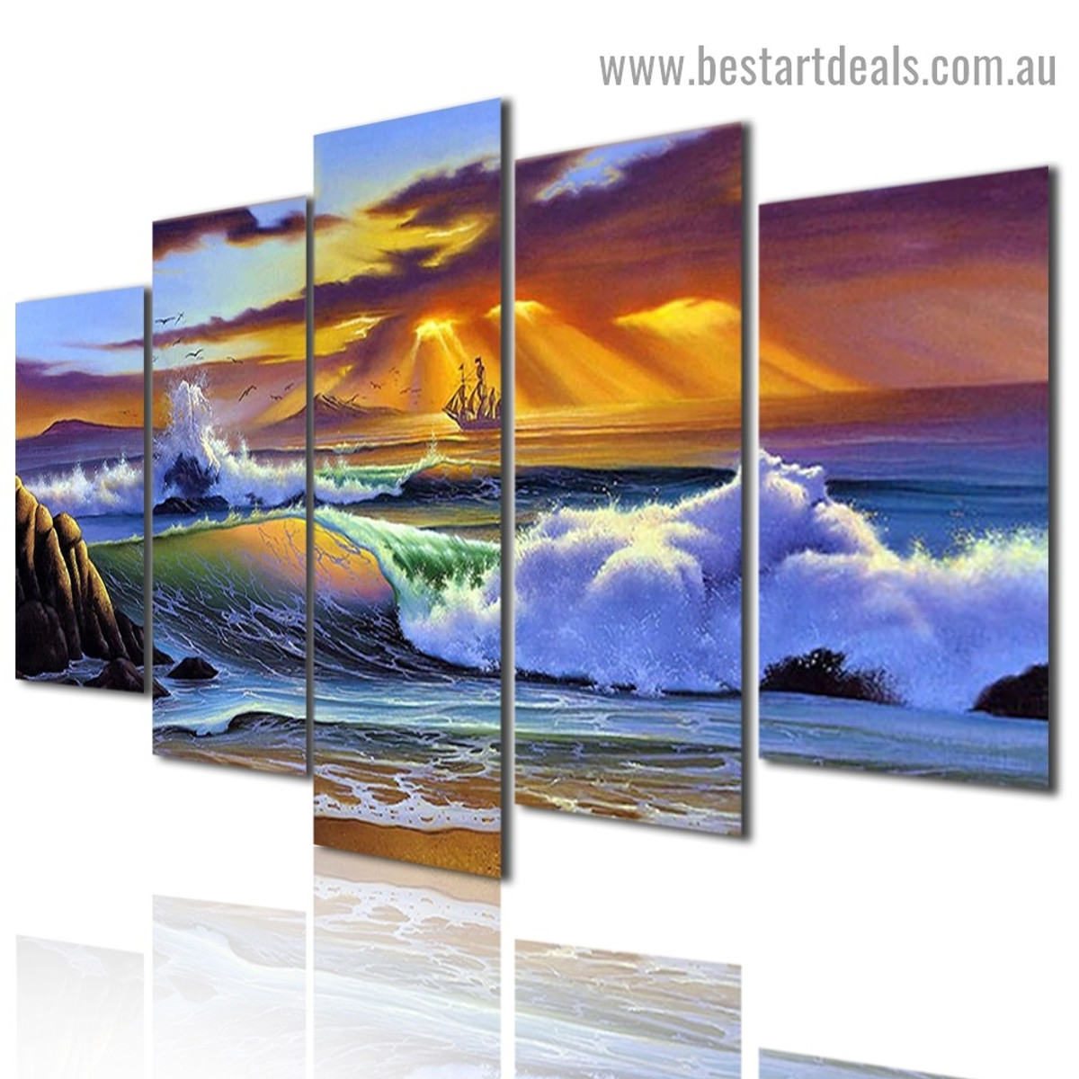 Sunset Ocean Waves Seascape Modern Artwork Image Canvas Print for Room Wall Adornment