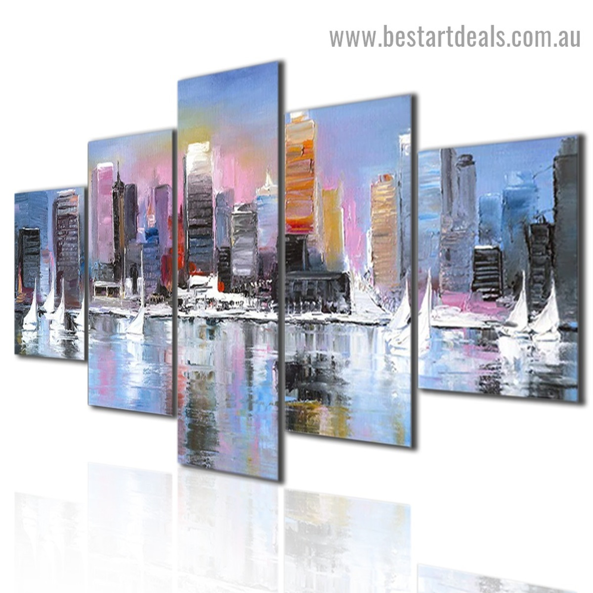 City Coast Abstract Modern Artwork 5 Panel Wrapped Canvas Print for Room Wall Garniture