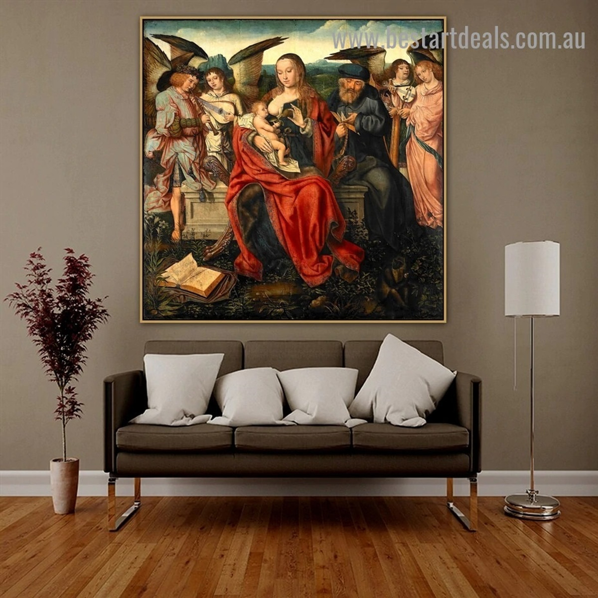 Holy Family with Music Making Angels Master of Frankfurt Figure Landscape Flemish Renaissance Reproduction Artwork Photo Canvas Print for Room Wall Ornament
