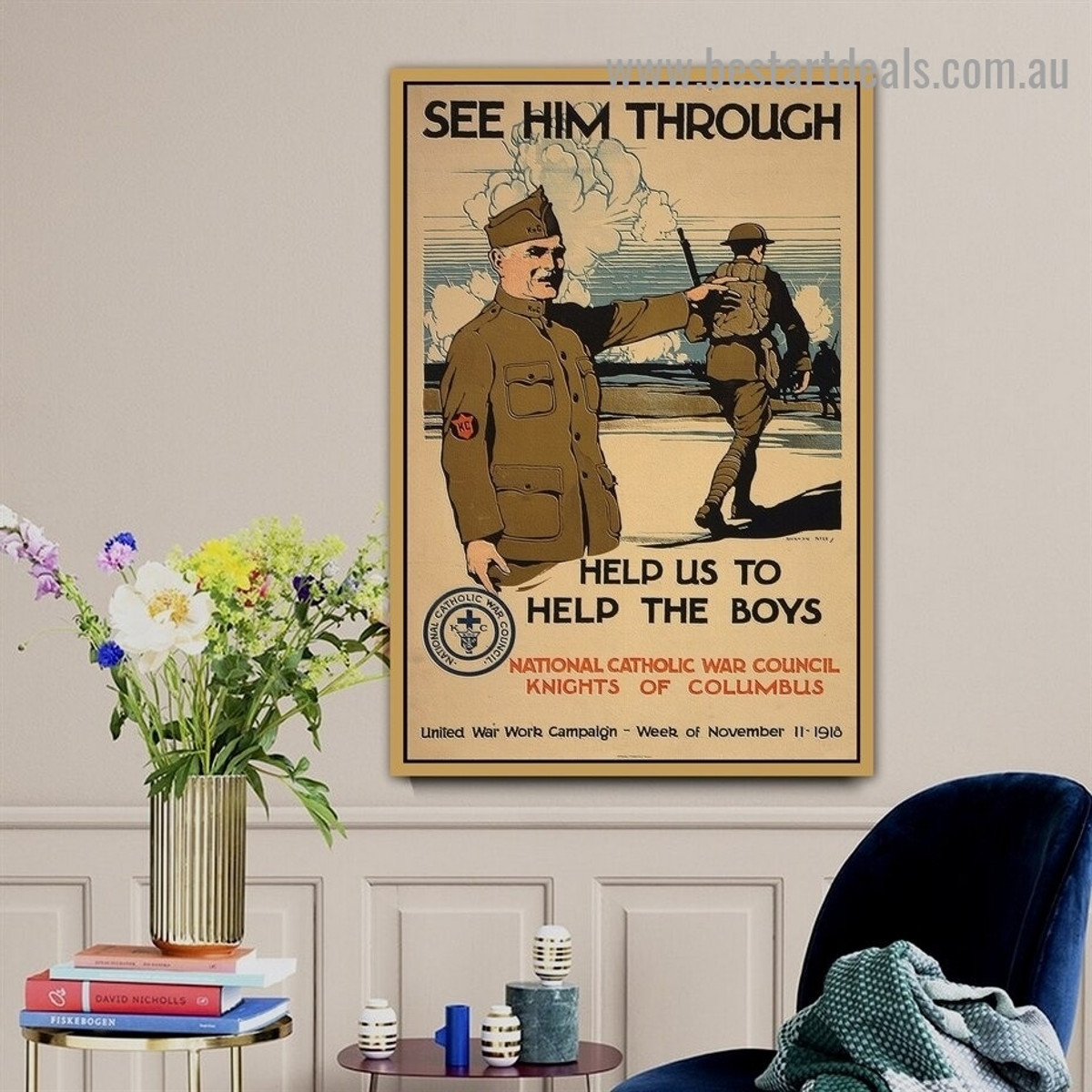 See Him through Help Us to Help the Boys Figure Landscape Vintage Advertisement Poster Portrait Photo Canvas Print for Room Wall Garniture
