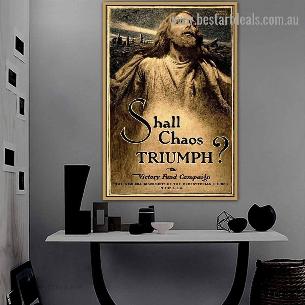 Shall Chaos Triumph Vintage Figure Landscape Retro Advertisement Portrait Image Canvas Print for Room Wall Adornment