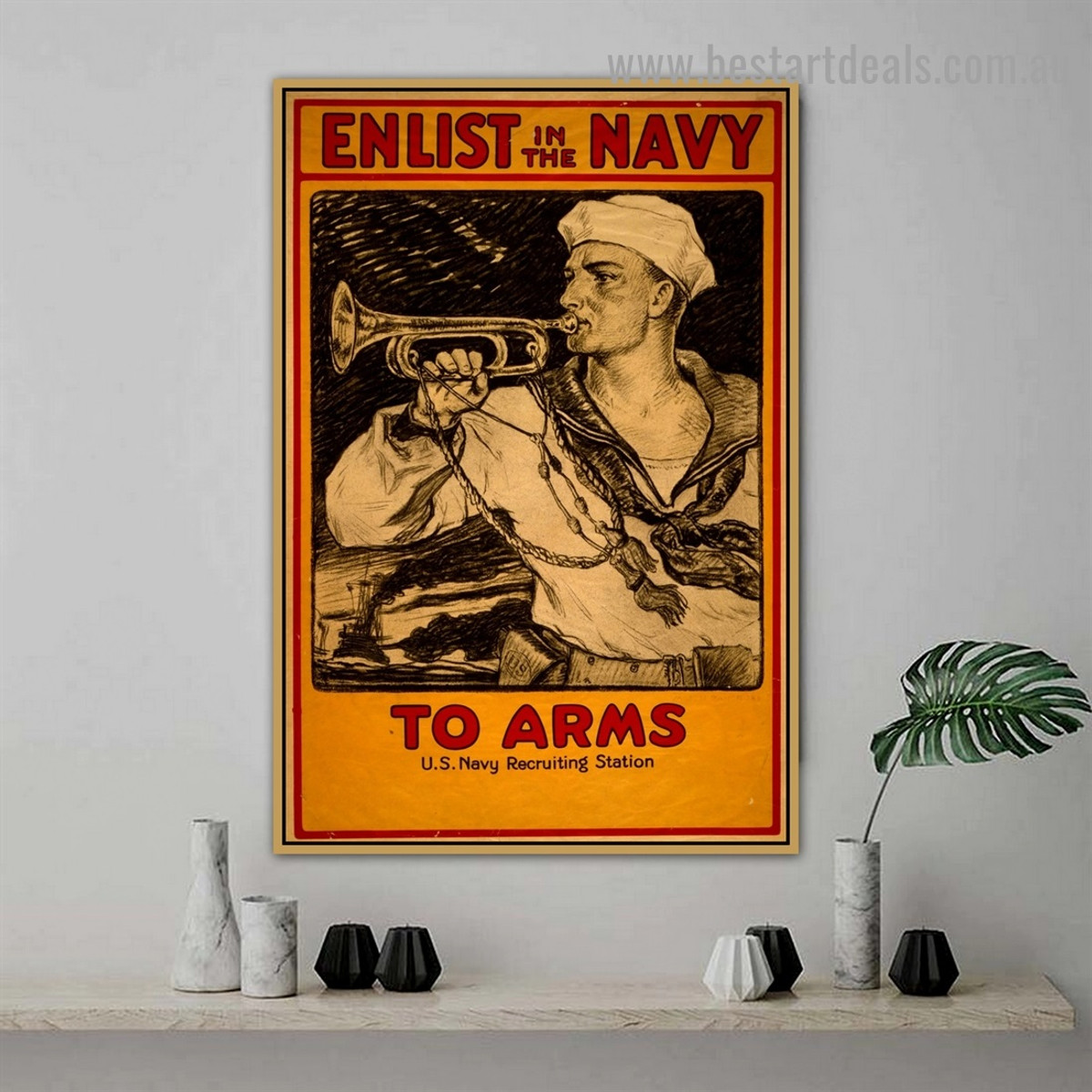 Enlist in the Navy Figure Landscape Retro Advertisement Artwork Photo Canvas Print for Room Wall Décor