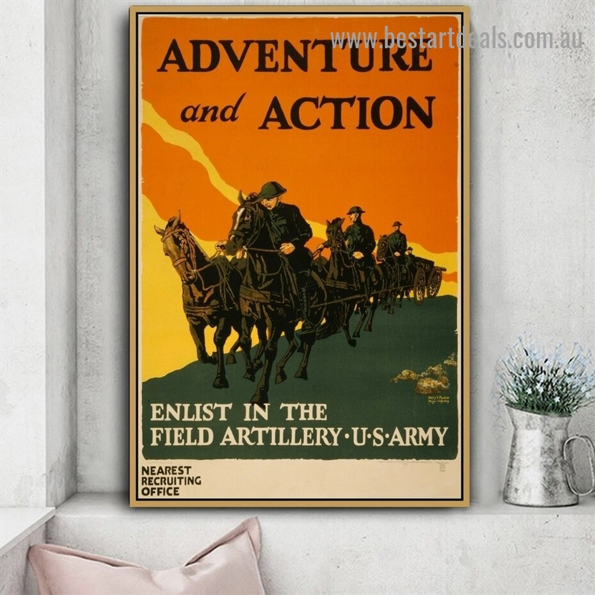 Adventure and Action Enlist In the Field Artillery Figure Animal Landscape Vintage Reproduction Advertisement Artwork Image Canvas Print for Room Wall Ornament