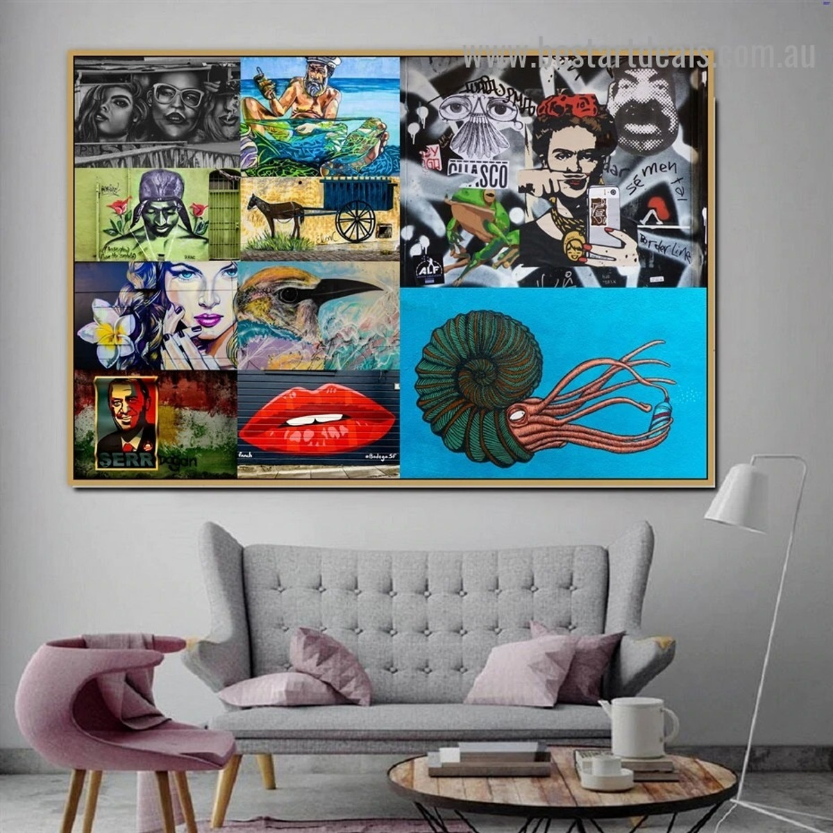 Red Lips Collage Botanical Abstract Figure Graffiti Artwork Image Canvas Print for Room Wall Décor