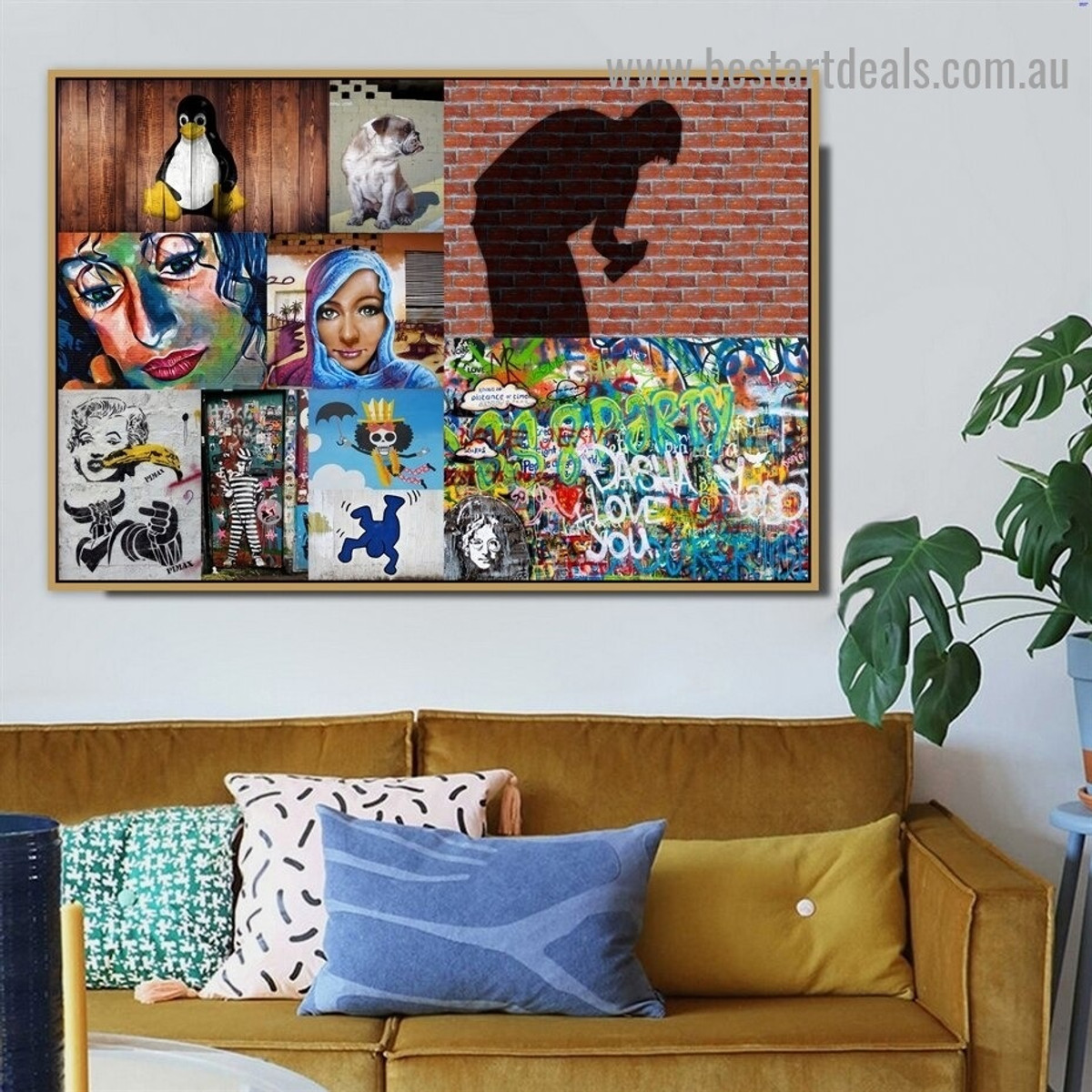 Human Shadow Collage Abstract Animal Figure Typography Artwork Image Canvas Print for Room Wall Ornament