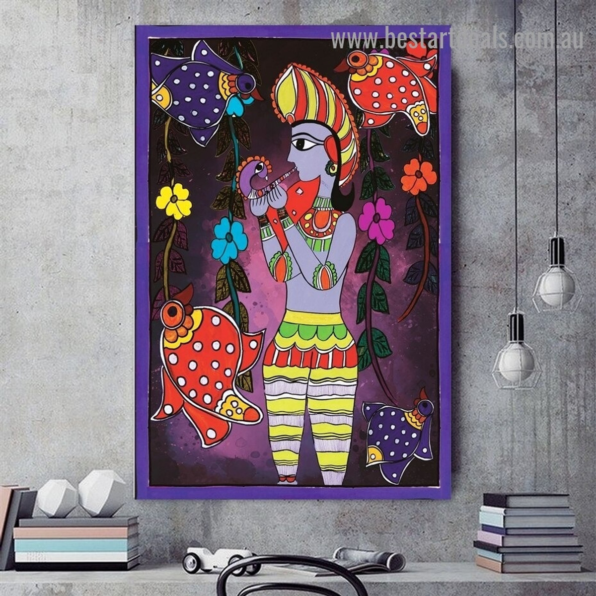 Madhubani Mithila Krishna Religious Figure Traditional Portrait Painting Canvas Print for Room Wall Flourish