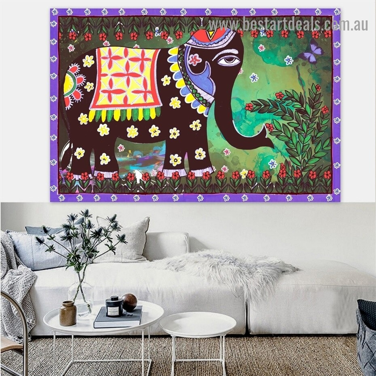 Madhubani Mithila Elephant Botanical Animal Landscape Traditional Portrait Picture Canvas Print for Room Wall Flourish