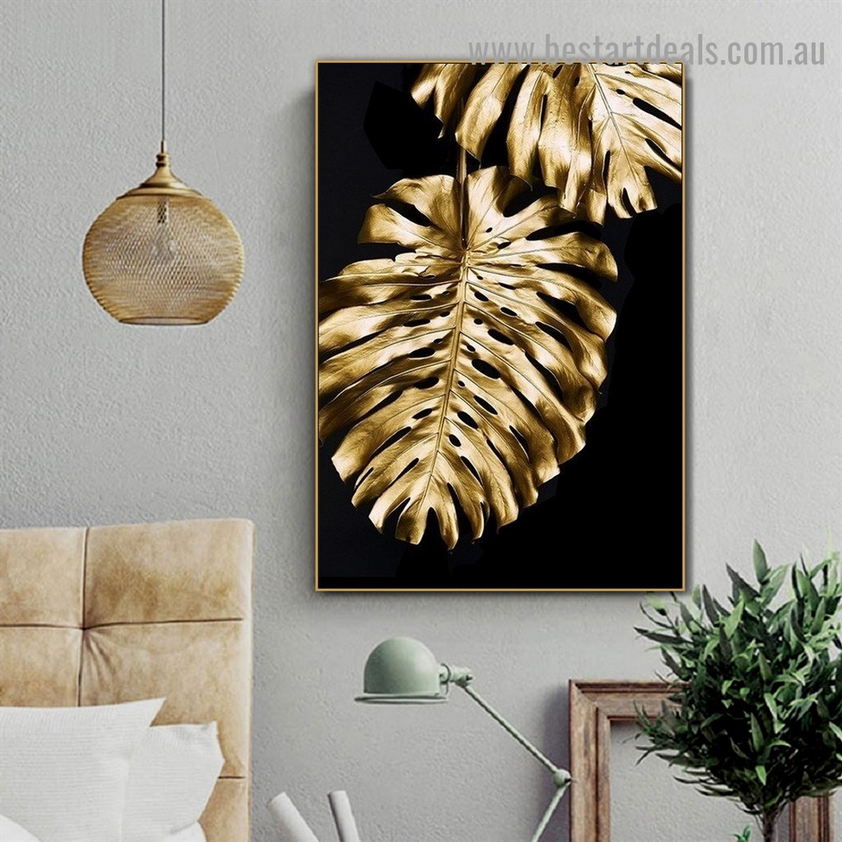 Monstera Gold Leaf Botanical Nordic Framed Portrait Image Canvas Print for Room Wall Adornment