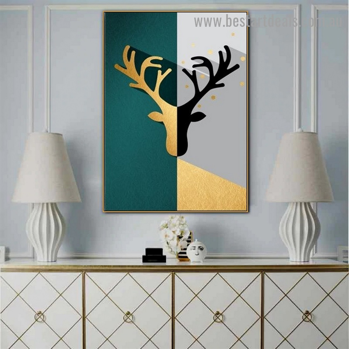 Deer Head Abstract Animal Nordic Framed Artwork Image Canvas Print for Room Wall Adornment