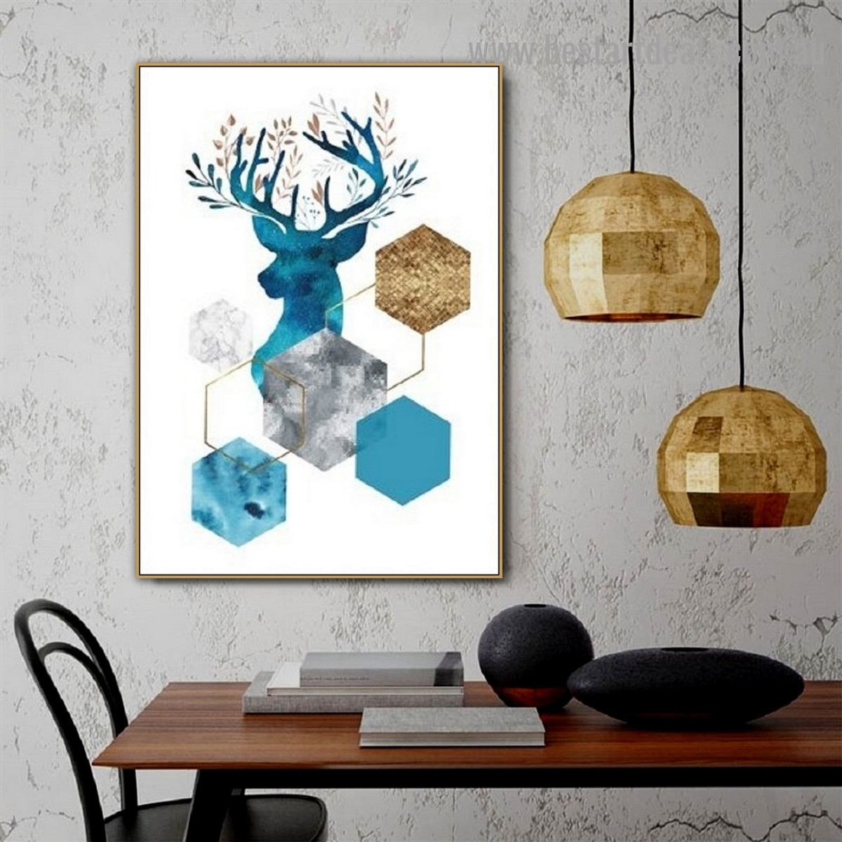 Blue Deer Abstract Animal Modern Framed Portrait Painting Canvas Print for Room Wall Ornament
