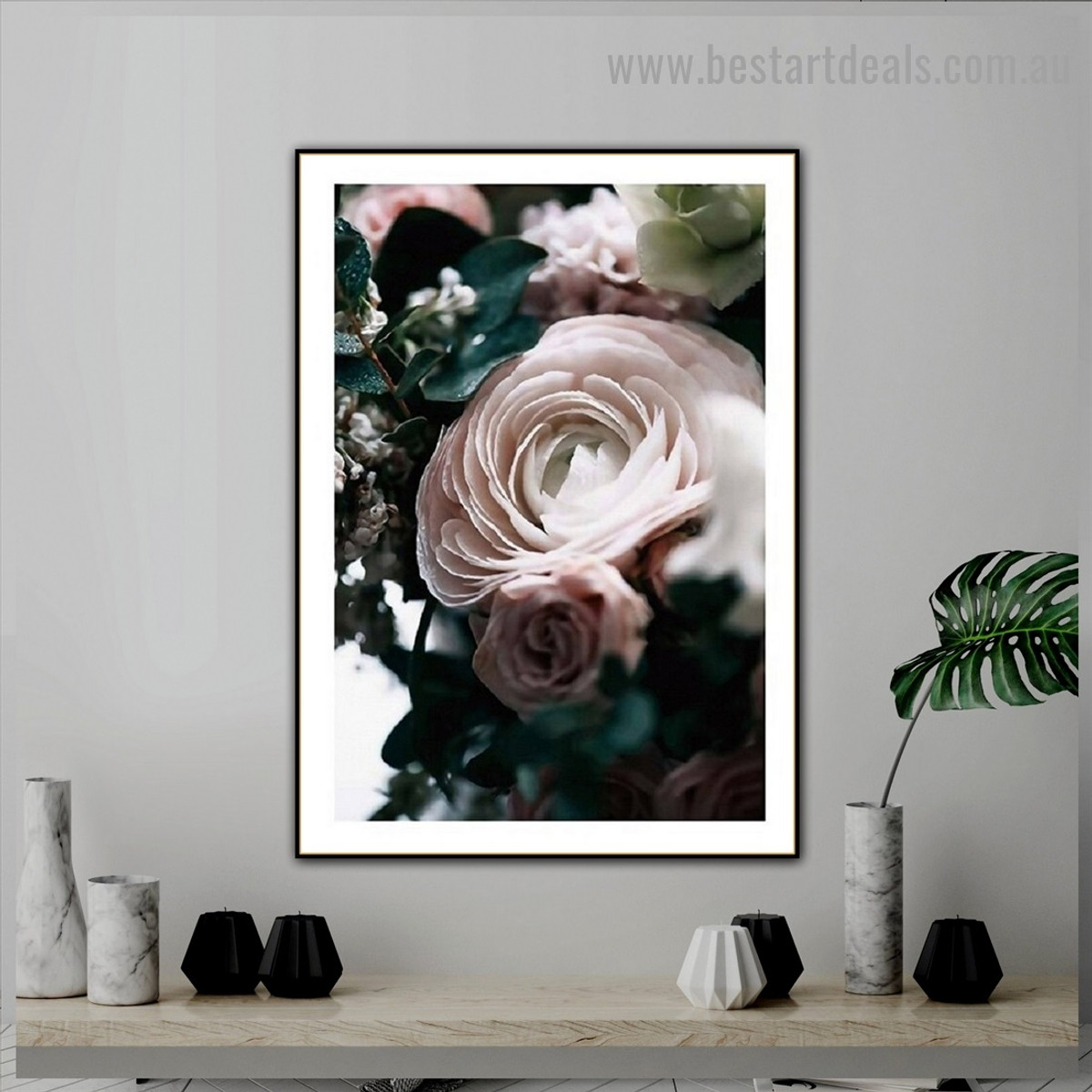 Colorless Rose Botanical Scandinavian Framed Artwork Photo Canvas Print for Room Wall Drape