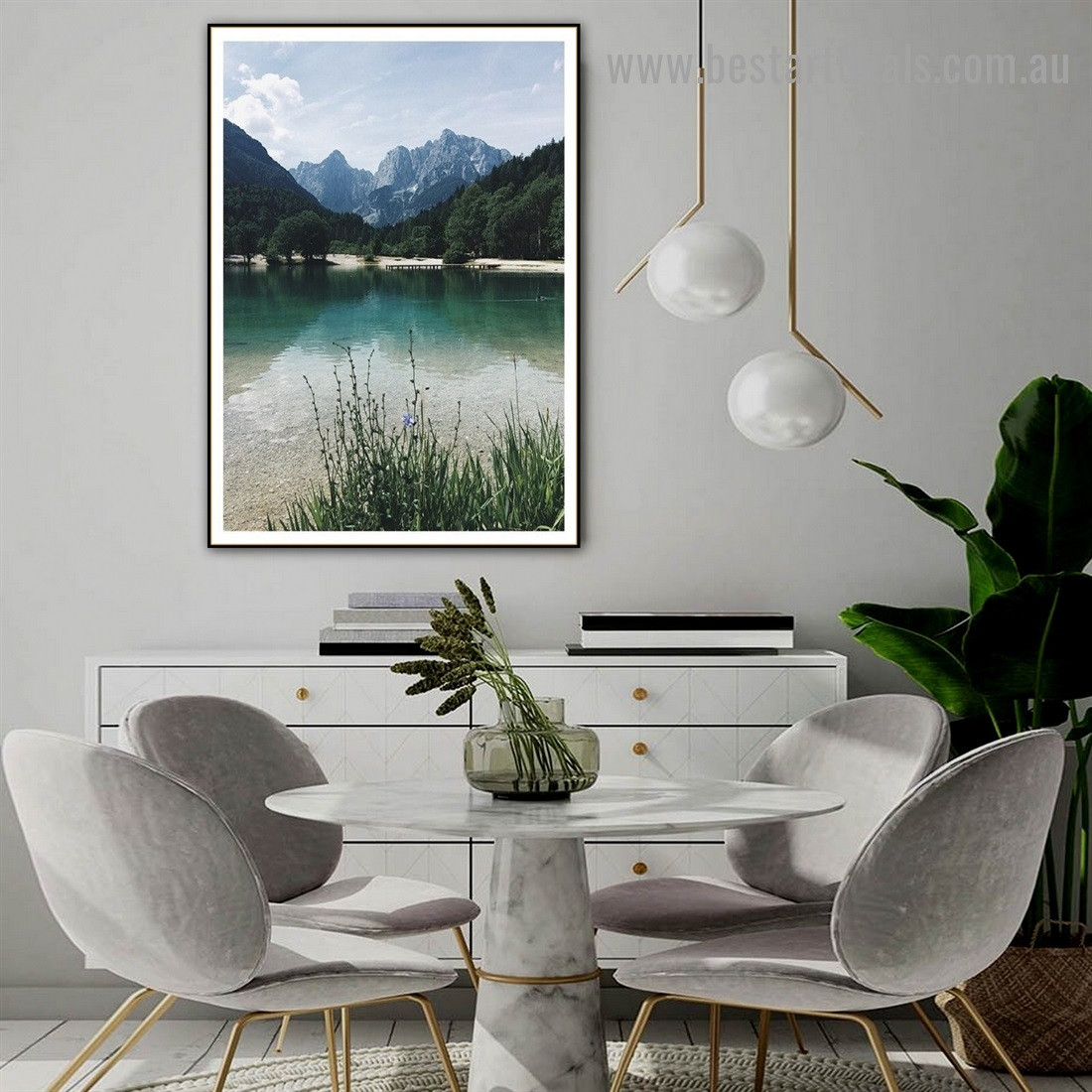 Mountain Scenery Botanical Nature Landscape Scandinavian Framed Portrait Image Canvas Print for Room Wall Decoration