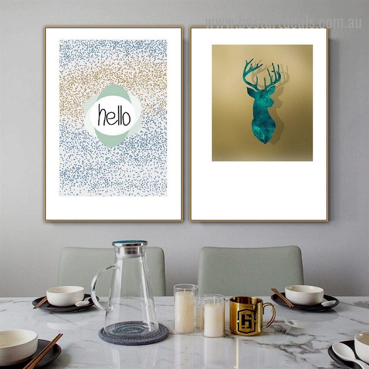 Glittering Hello Typography Abstract Animal Scandinavian Framed Artwork Picture Canvas Print for Room Wall Decoration