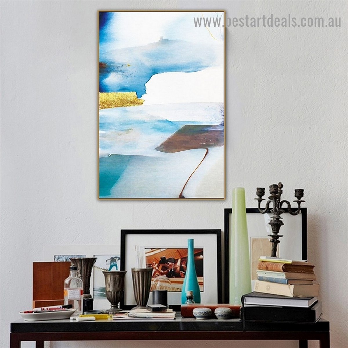 Blue Golden Marble Abstract Scandinavian Framed Artwork Photo Canvas Print for Room Wall Adornment