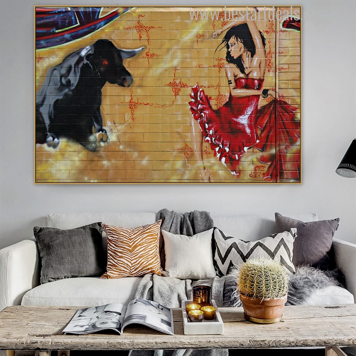 Bull Graffiti Animated Animal Figure Painting Portrait Print for Living Room Wall Flourish 