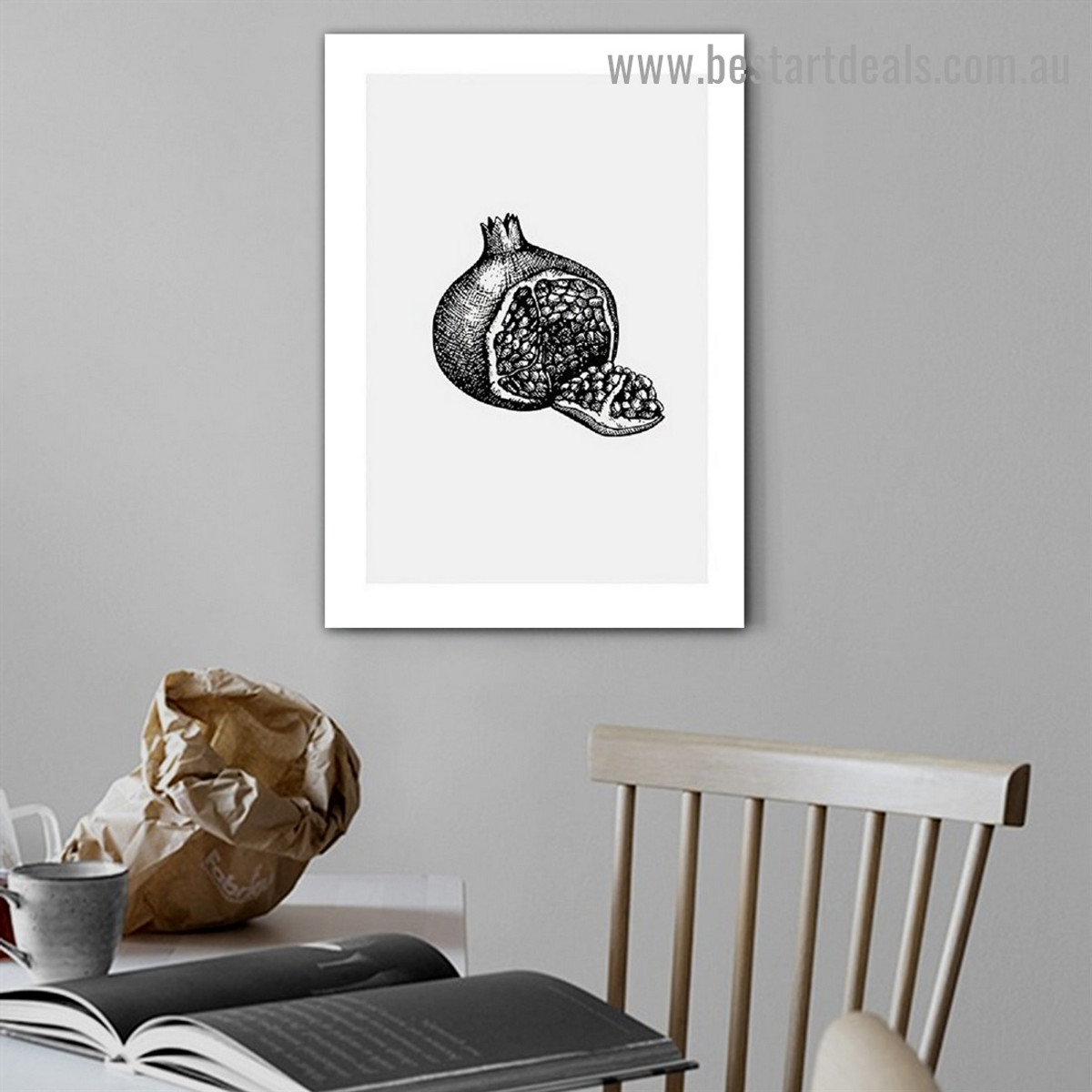 Faded Pomegranate Sketch Food and Beverage Modern Framed Artwork Picture Canvas Print for Room Wall Garnish