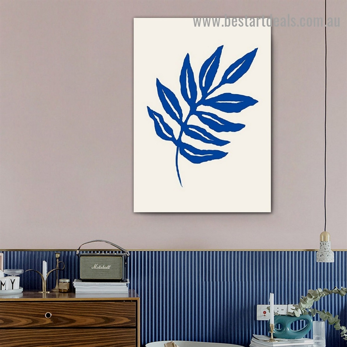 Blue Foliage Botanical Abstract Scandinavian Framed Artwork Image Canvas Print for Room Wall Garniture
