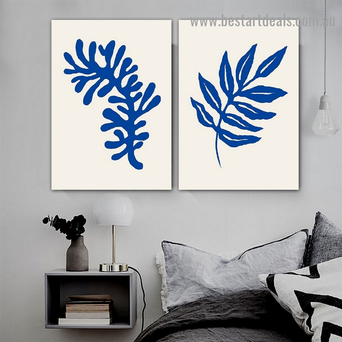 Blue Leaves Botanical Abstract Scandinavian Framed Portrait Painting Canvas Print for Room Wall Decoration