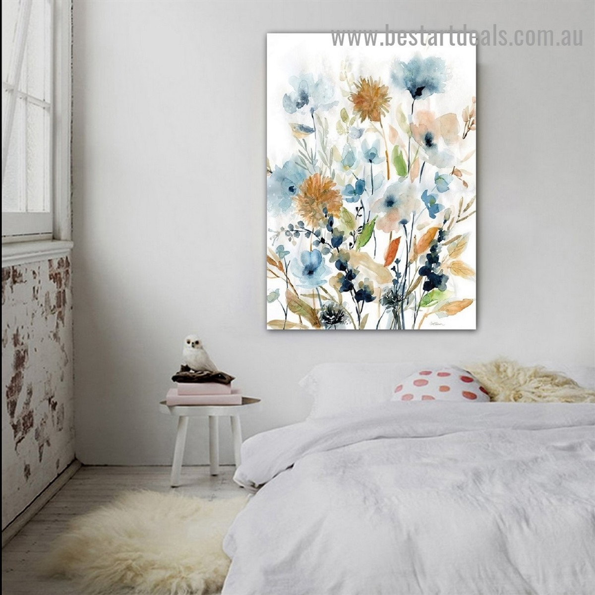 Mix Flowers Leaves Botanical Watercolor Framed Artwork Image Canvas Print for Room Wall Garnish