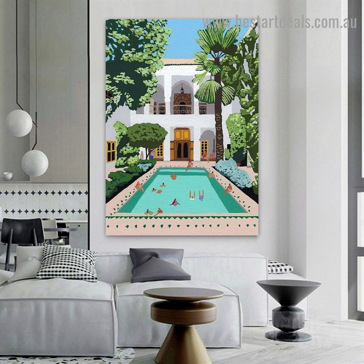 Bathing Peoples Architecture Illustration Modern Framed Portrait Picture Canvas Print for Room Wall Adornment