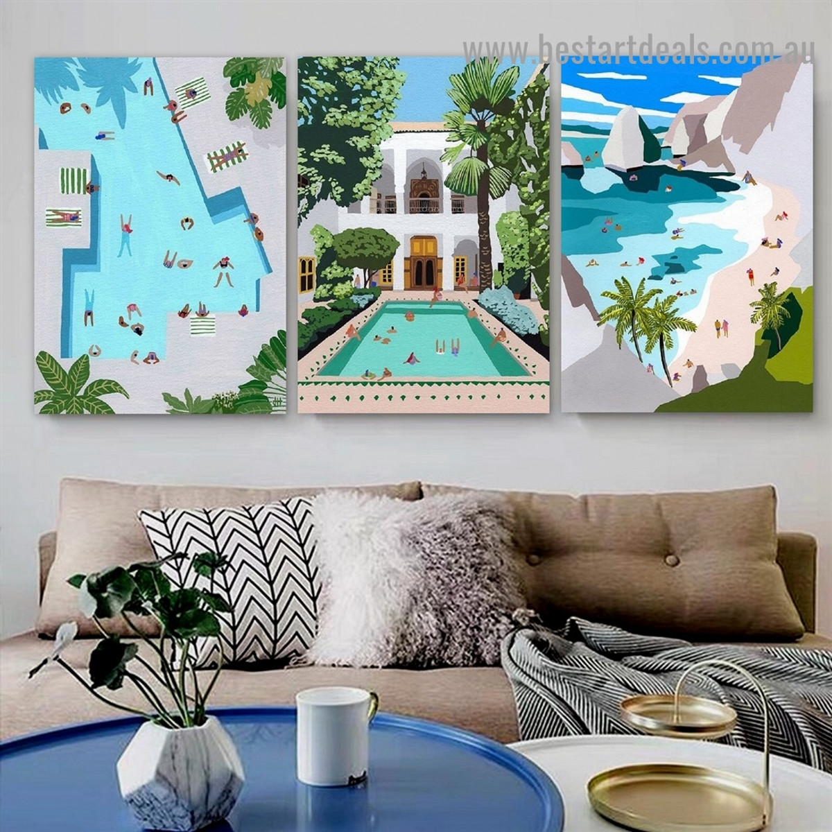 Indoor Swimming Pool Architecture Illustration Modern Framed Artwork Photo Canvas Print for Room Wall Garniture