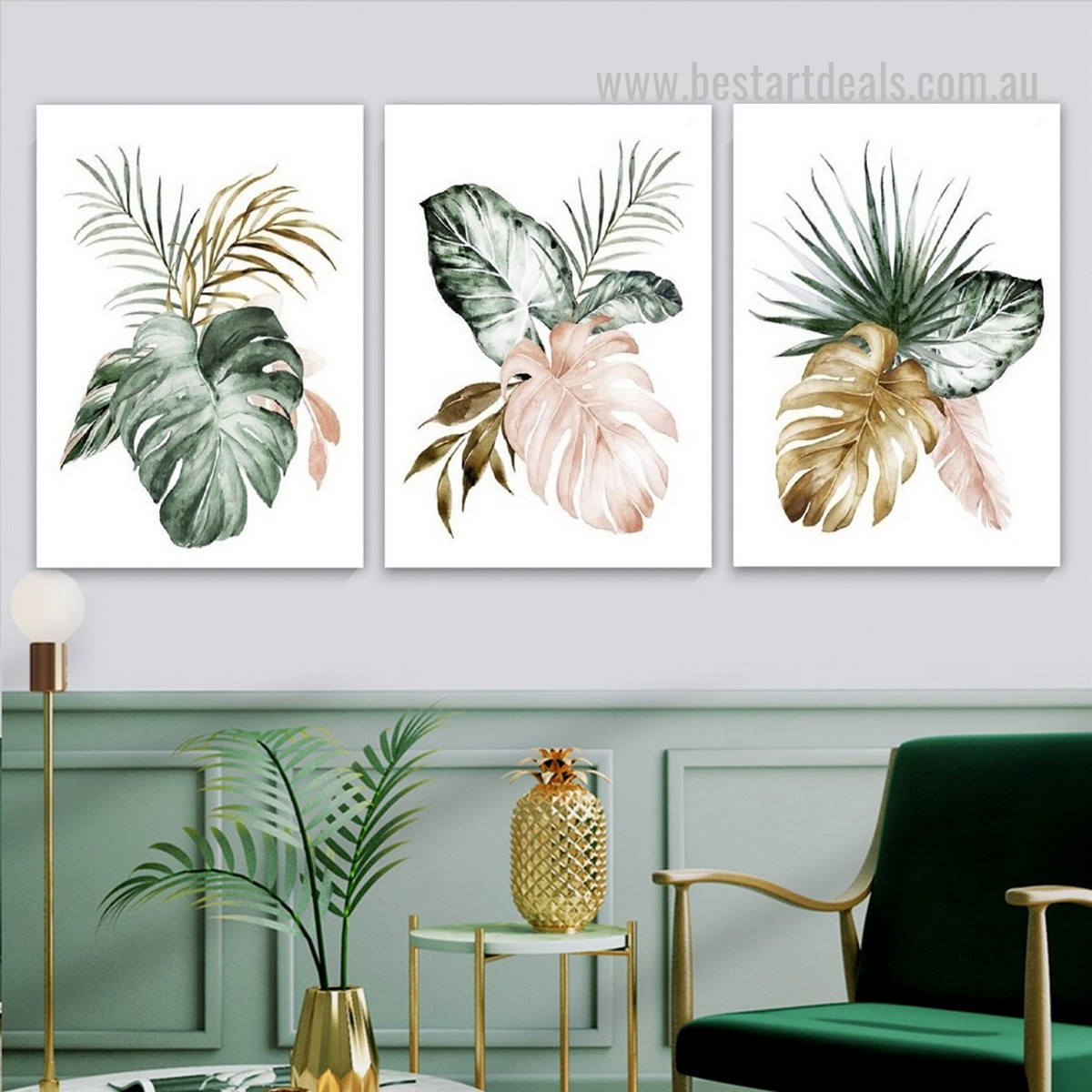 Cycas Foliage Leaves Watercolor Artwork 3 Piece Photograph Abstract Botanical Framed Stretched Canvas Print for Room Wall Garniture
