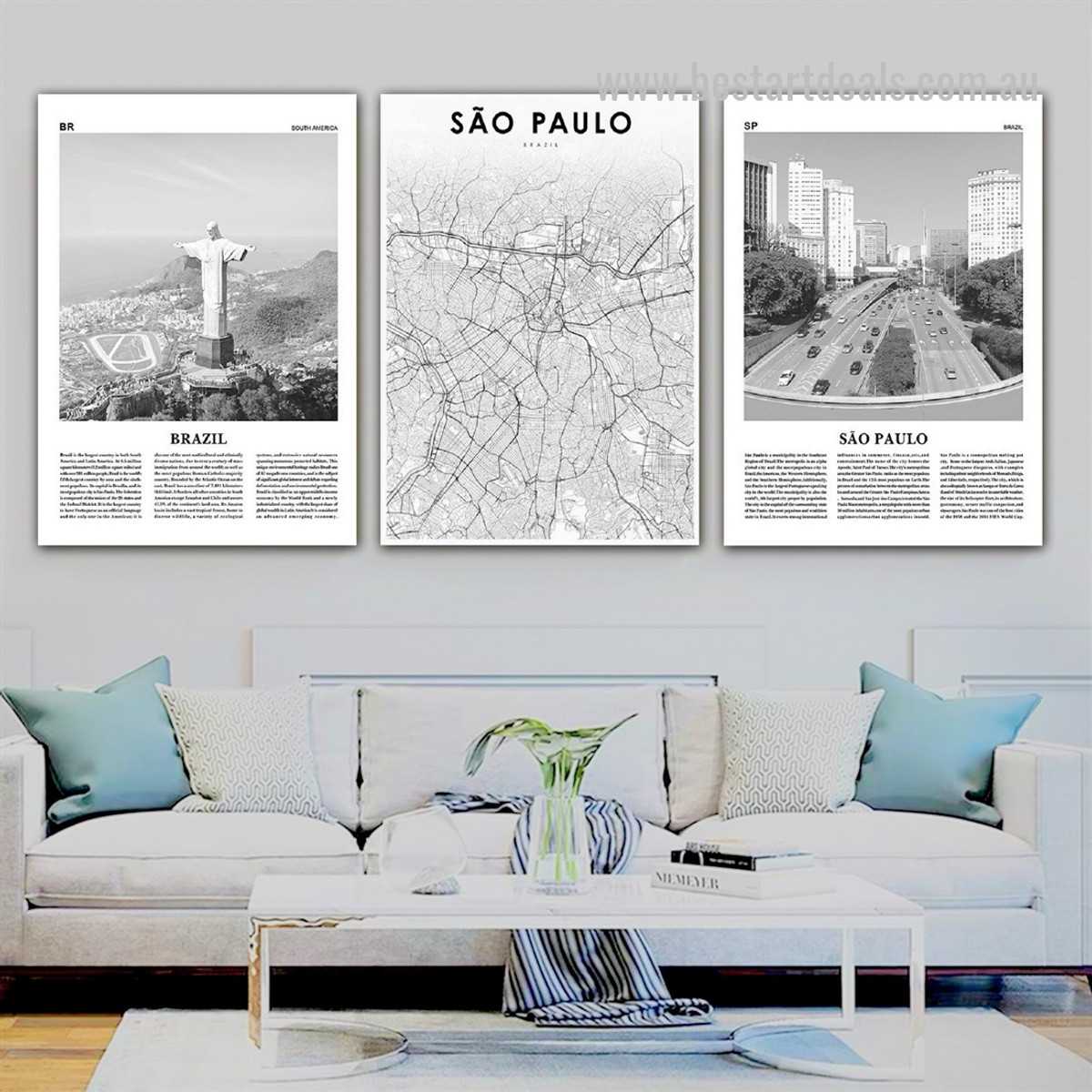 Sao Paulo Brazil Map Landscape Abstract 3 Piece Framed Stretched Wall Artwork Photograph Modern Canvas Print for Room Equipment