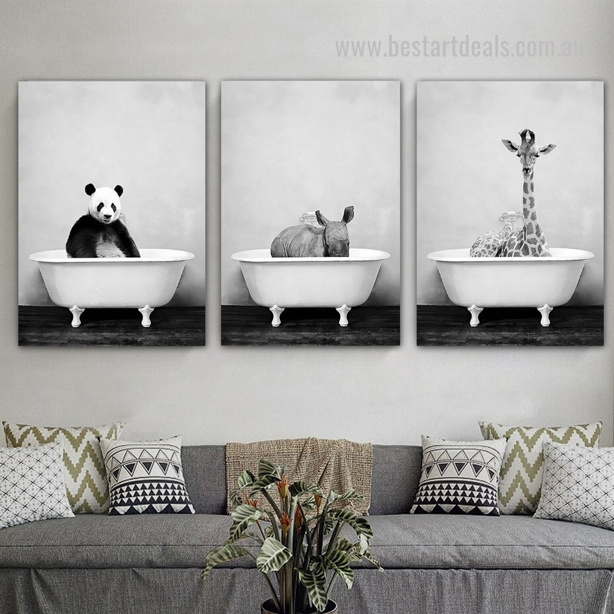 Cute Panda Bathtub 3 Piece Framed Stretched Animal Abstract Wall Art Photograph Minimalist Canvas Print for Room Drape
