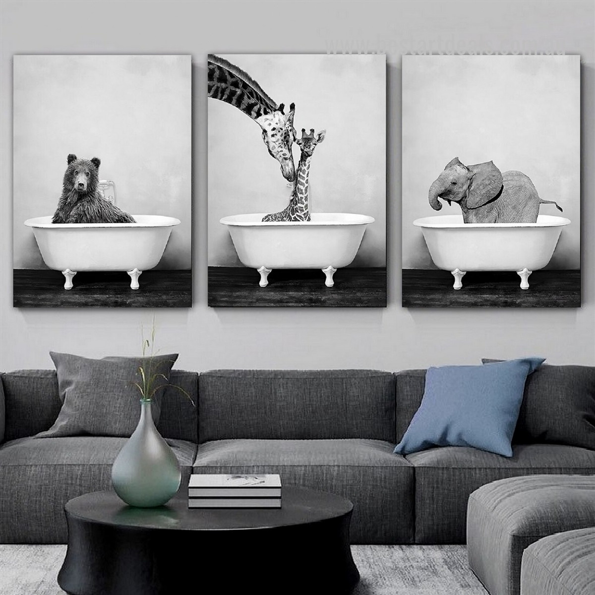 Bruin Bathing Tub Animal 3 Piece Framed Stretched Minimalist Painting Photograph Abstract Canvas Print for Wall Hanging Assortment