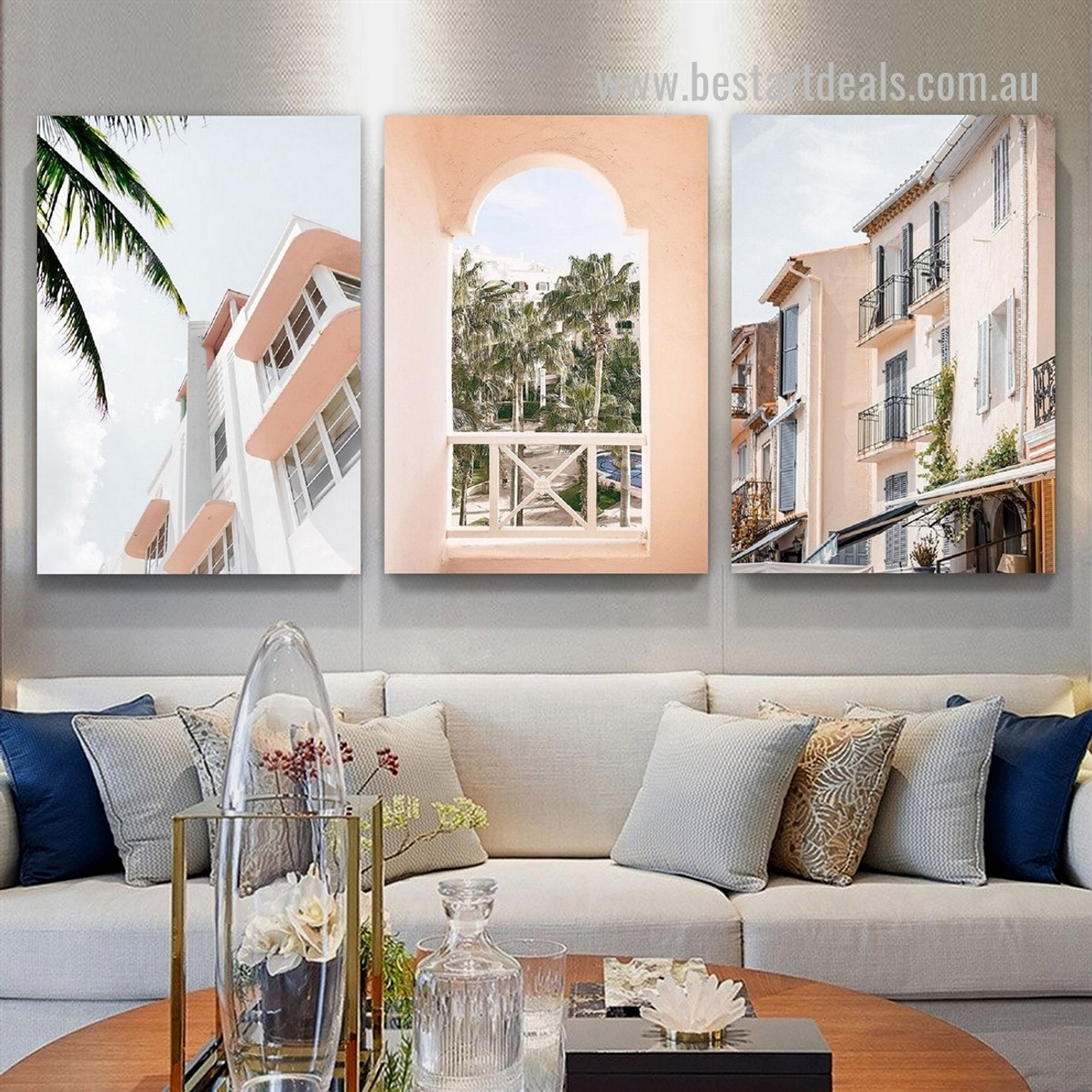 Abode Arbor Town House 3 Piece Framed Stretched Modern Wall Art Botanical Photograph Cityscape Canvas Print for Room Ornamentation