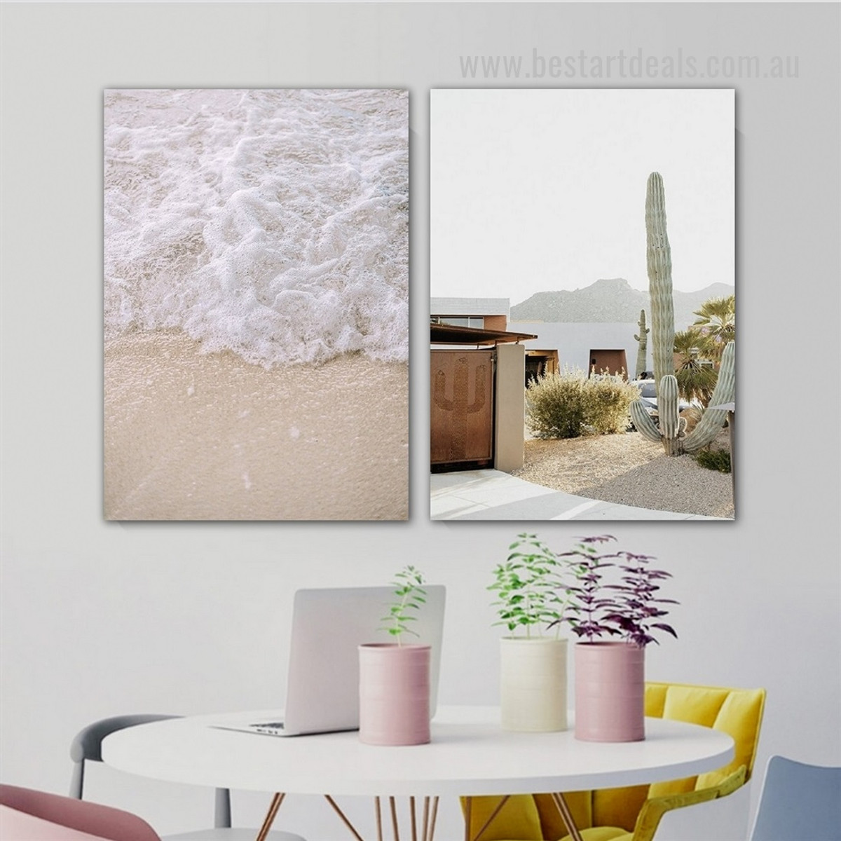 Saguaro Cactus Sand Sea Waves Landscape 2 Panel Botanical Painting Photograph Modern Framed Stretched Canvas Print for Room Wall Embellishment