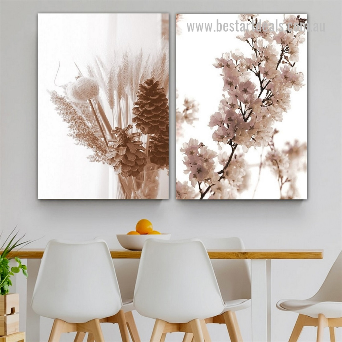 Sapling Florets Botanical Photograph Framed Stretched 2 Piece Wall Art Modern Canvas Print for Room Finery