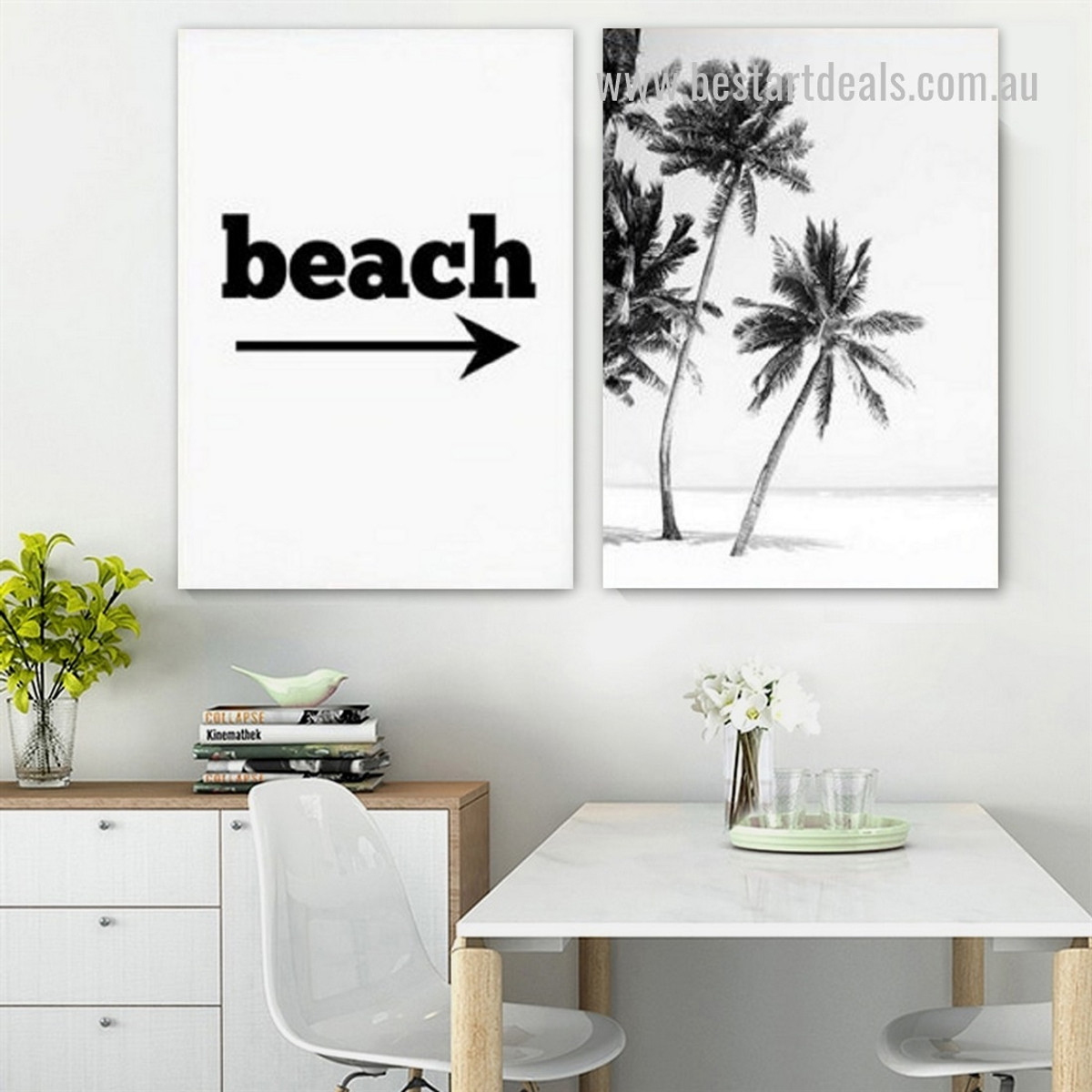 Beach Palm Saplings Landscape Typography 2 Piece Framed Stretched Wall Artwork Photograph Modern Canvas Print for Room Equipment