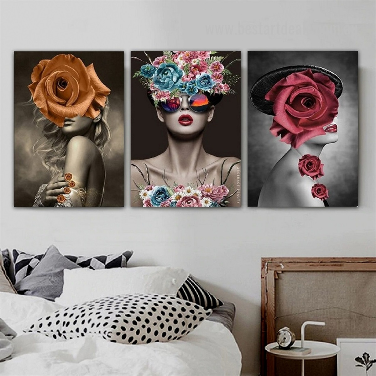  Hued Female Goggle Hat Figure 3 Panel Botanical Painting Photograph Abstract Nordic Framed Stretched Canvas Print for Room Wall Outfit