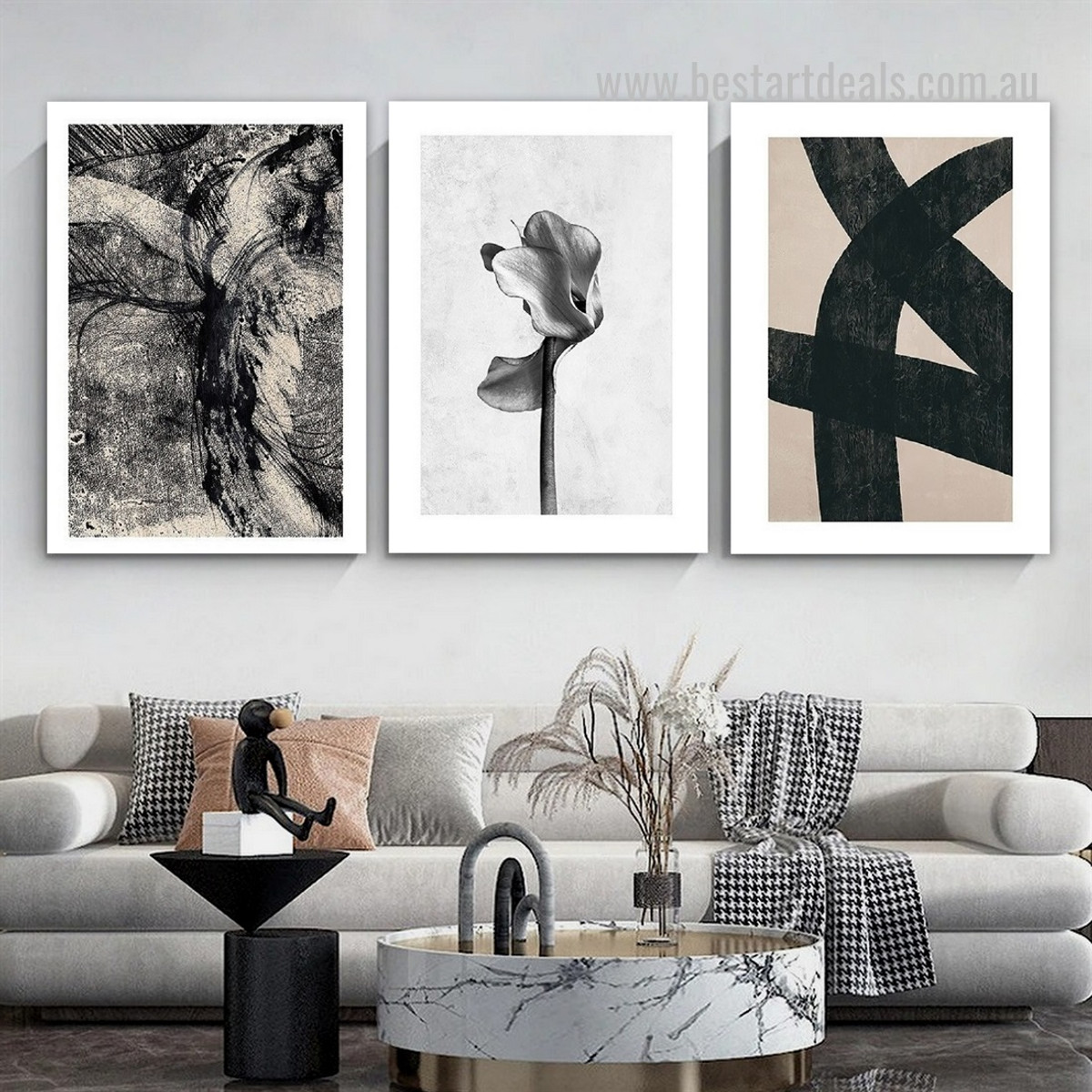 Black Contour Dots Lines Retro Abstract Framed Stretched Geometrical Painting Photograph 3 Piece Canvas Print for Room Wall Assortment