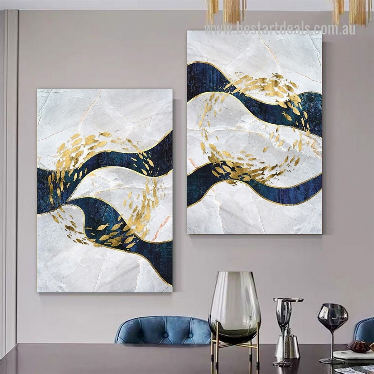 Circular Gold Fish Spot Abstract 2 Piece Framed Stretched Wall Art Modern Photograph Animal Canvas Print for Room Disposition