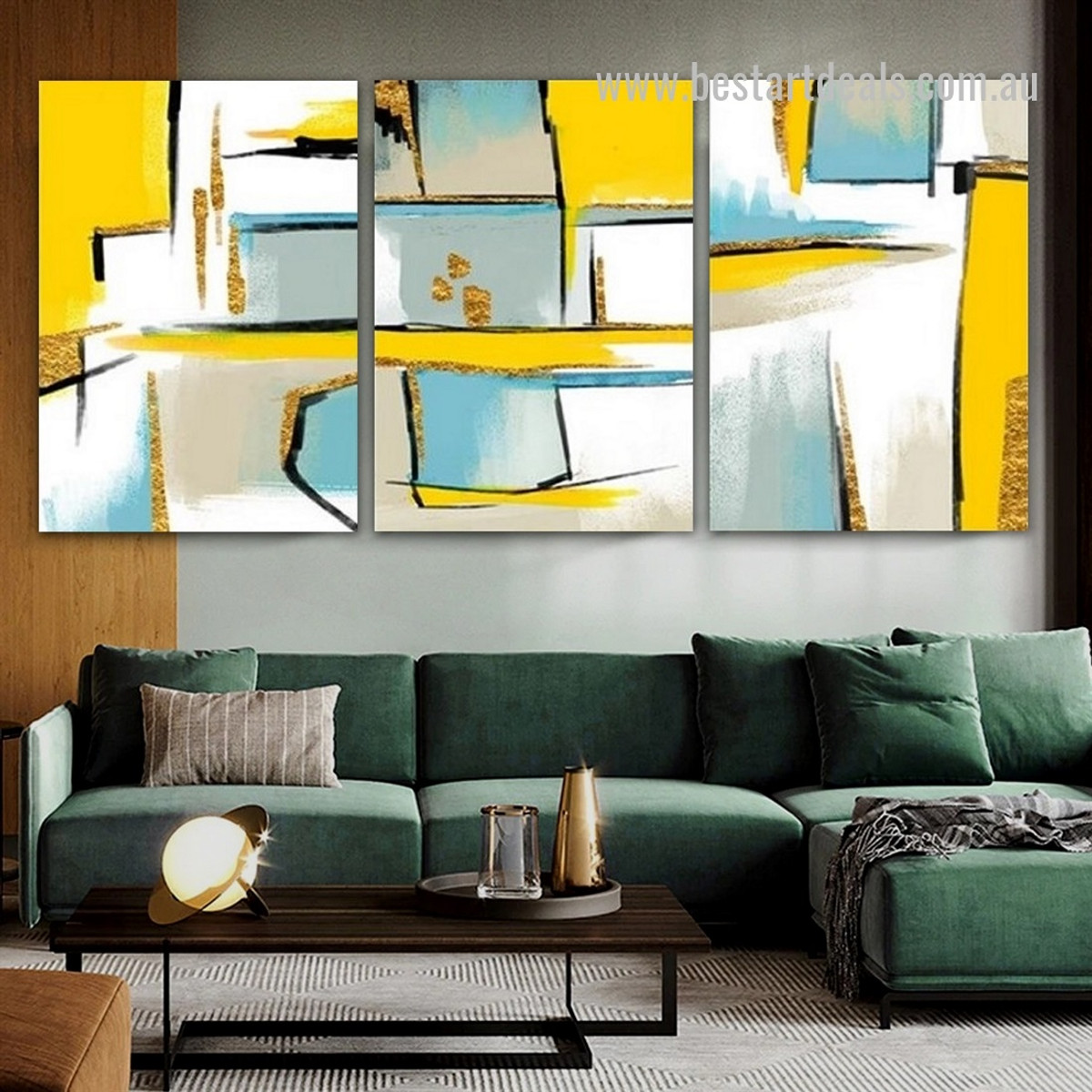 Chromatic Verse Stigma Rectangles 3 Piece Framed Stretched Geometric Artwork Abstract Image Canvas Print for Nordic Room Wall Molding