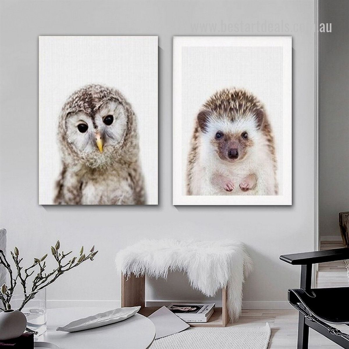 Cute Hedgehog Owl Mammal Minimalist 2 Piece Framed Stretched Animal Nordic Painting Photograph Canvas Print for Room Wall Decor