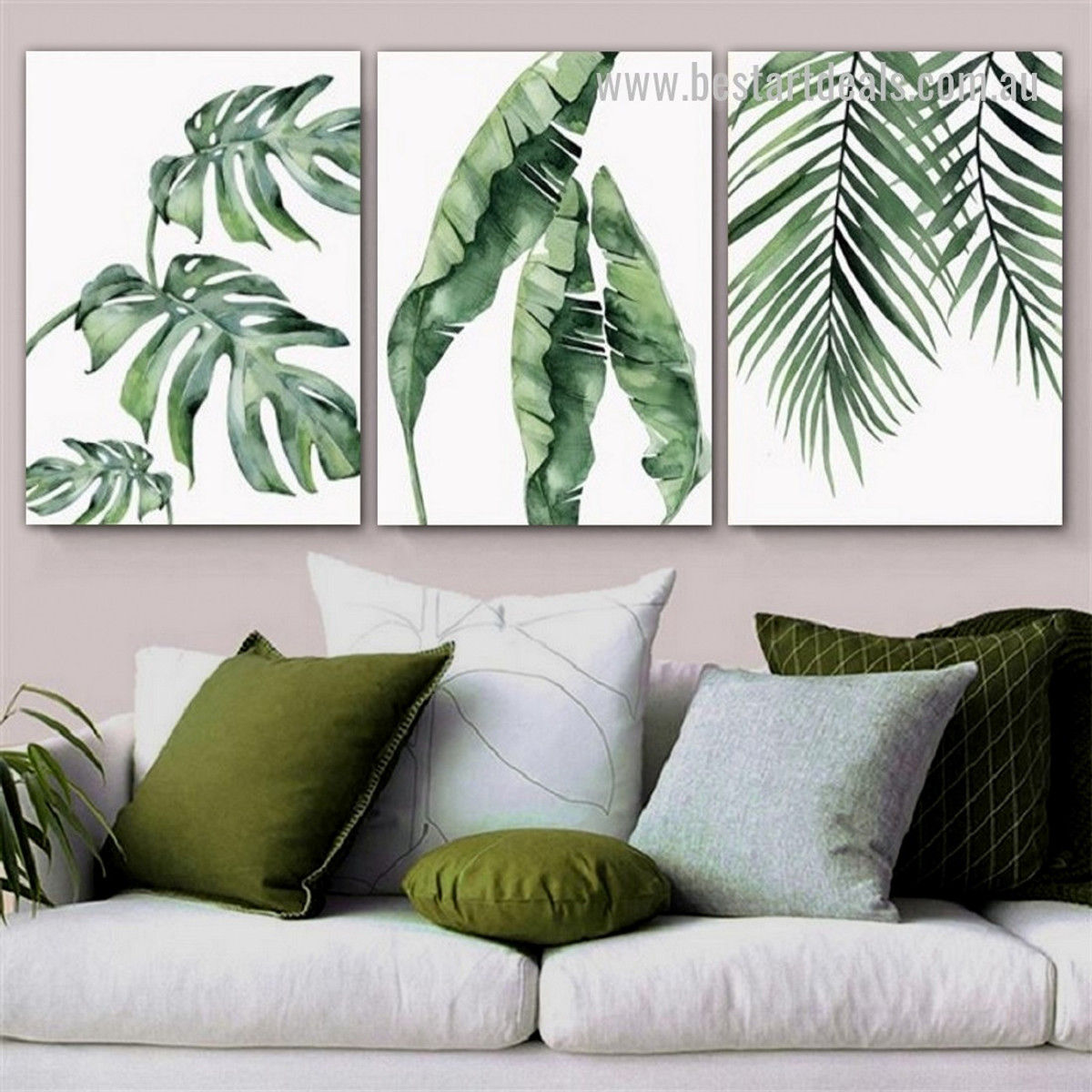 Green Banana Leafage Nordic Framed Stretched Botanical 3 Piece Painting Photograph Abstract Canvas Print for Room Wall Adornment