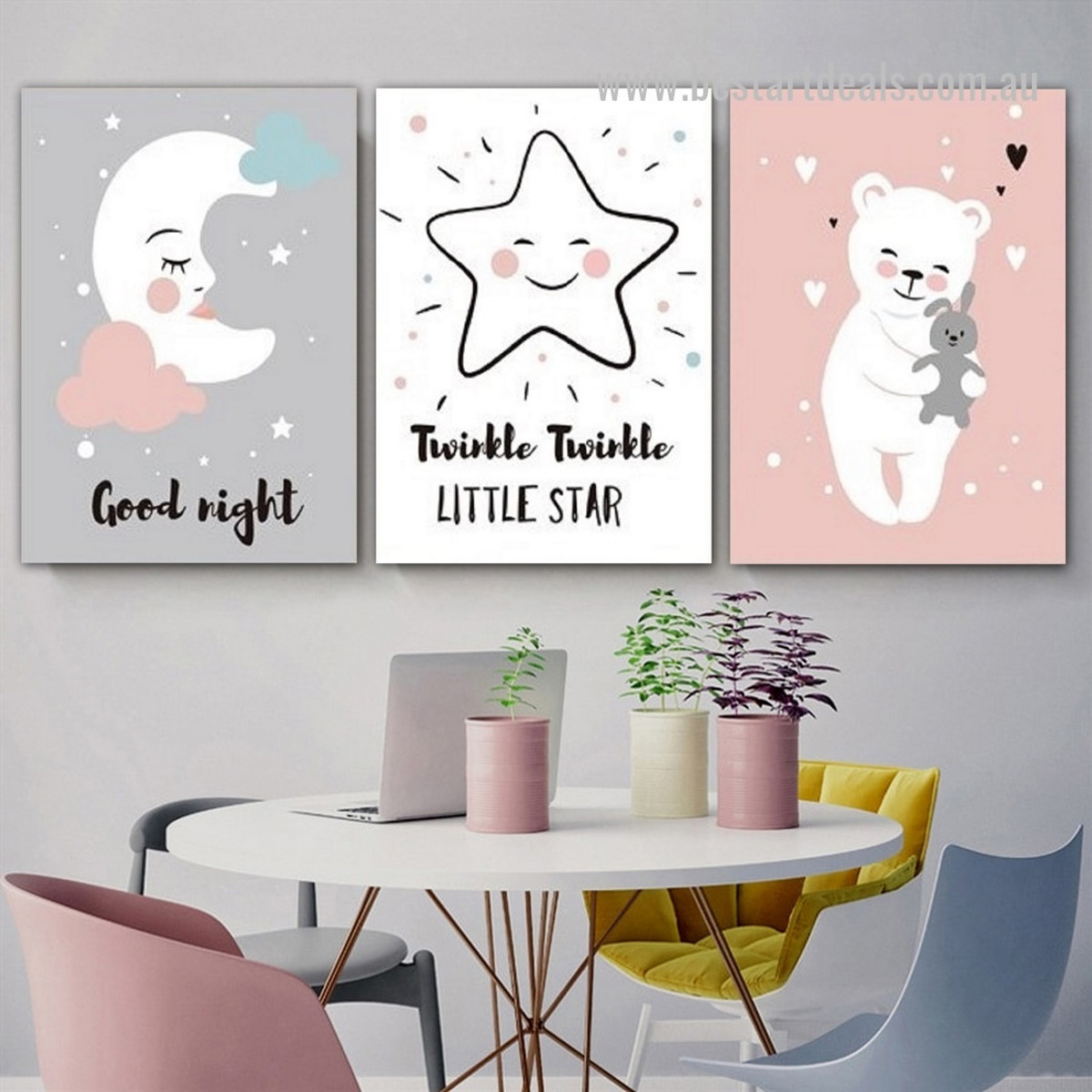 Smiling Star Nursery Artwork Photo 3 Piece Framed Stretched Modern Quotes Canvas Print for Room Wall Trimming