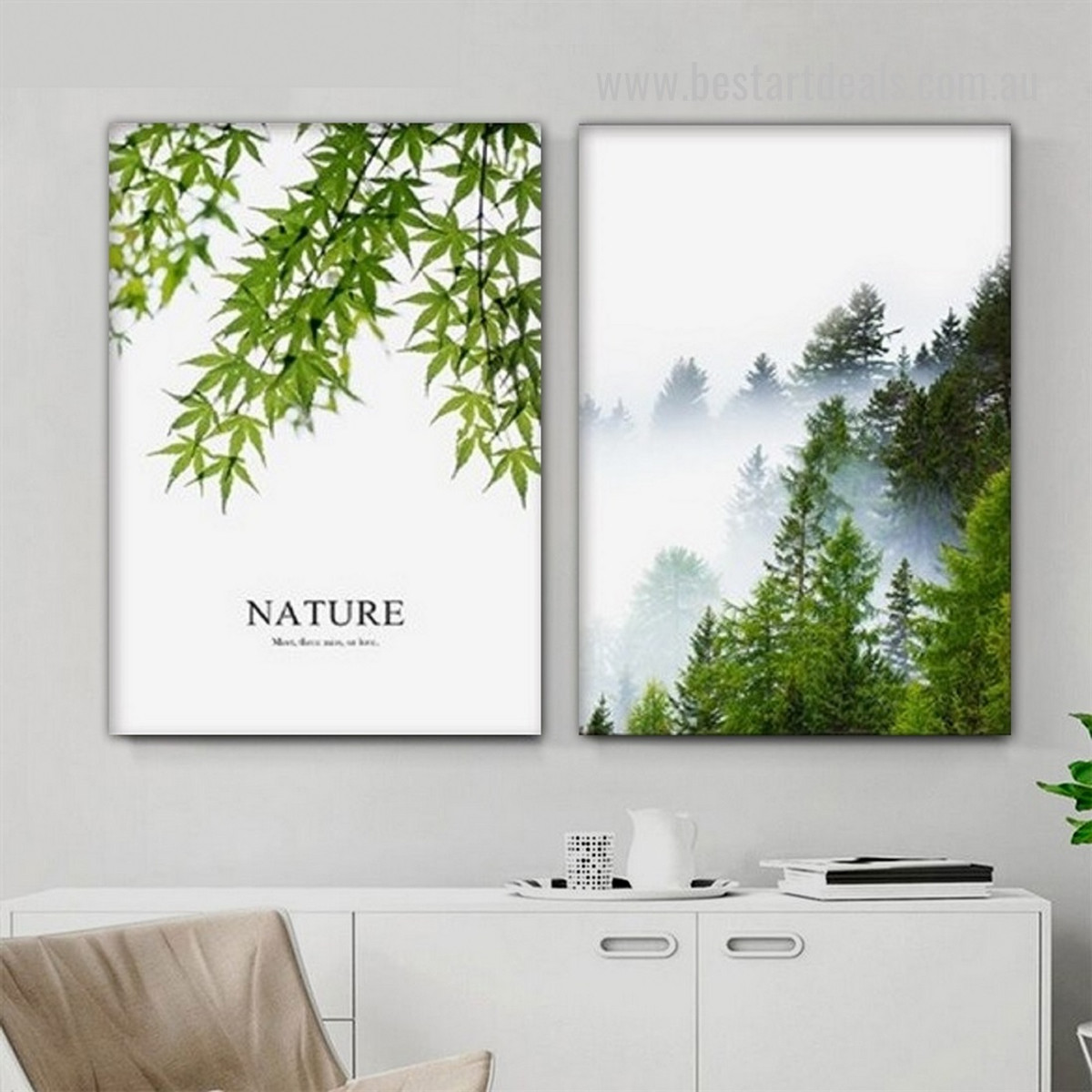 Nature Arbor Solitude Trees Botanical Framed Stretched Nordic Wall Art Photo 2 Piece Naturescape Canvas Print for Room Trimming