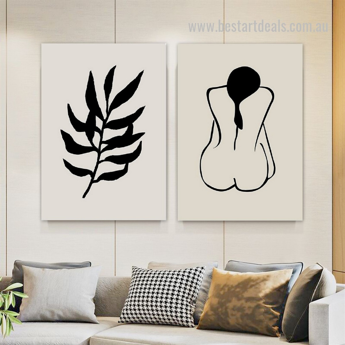 Black Bold Leaflets Hairs Scandinavian 2 Piece Framed Stretched Painting Abstract Photograph Botanical Canvas Print for Room Wall Finery
