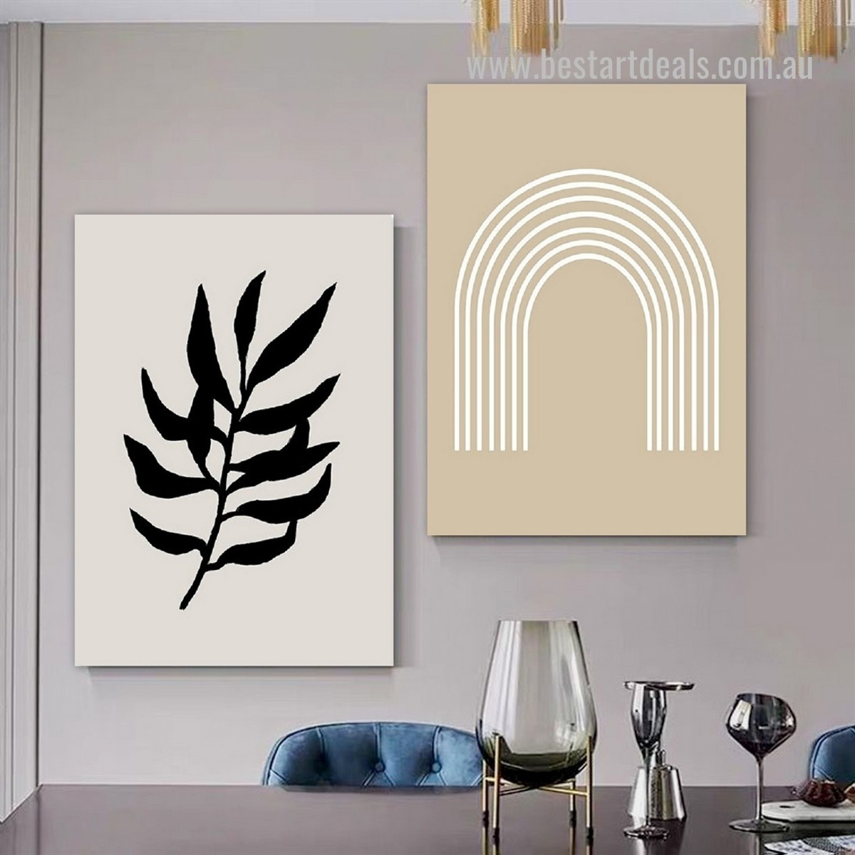 Meandering Alignment Curved Lines Scandinavian 2 Piece Framed Stretched Geometric Painting Photograph Abstract Canvas Print for Room Wall Decoration