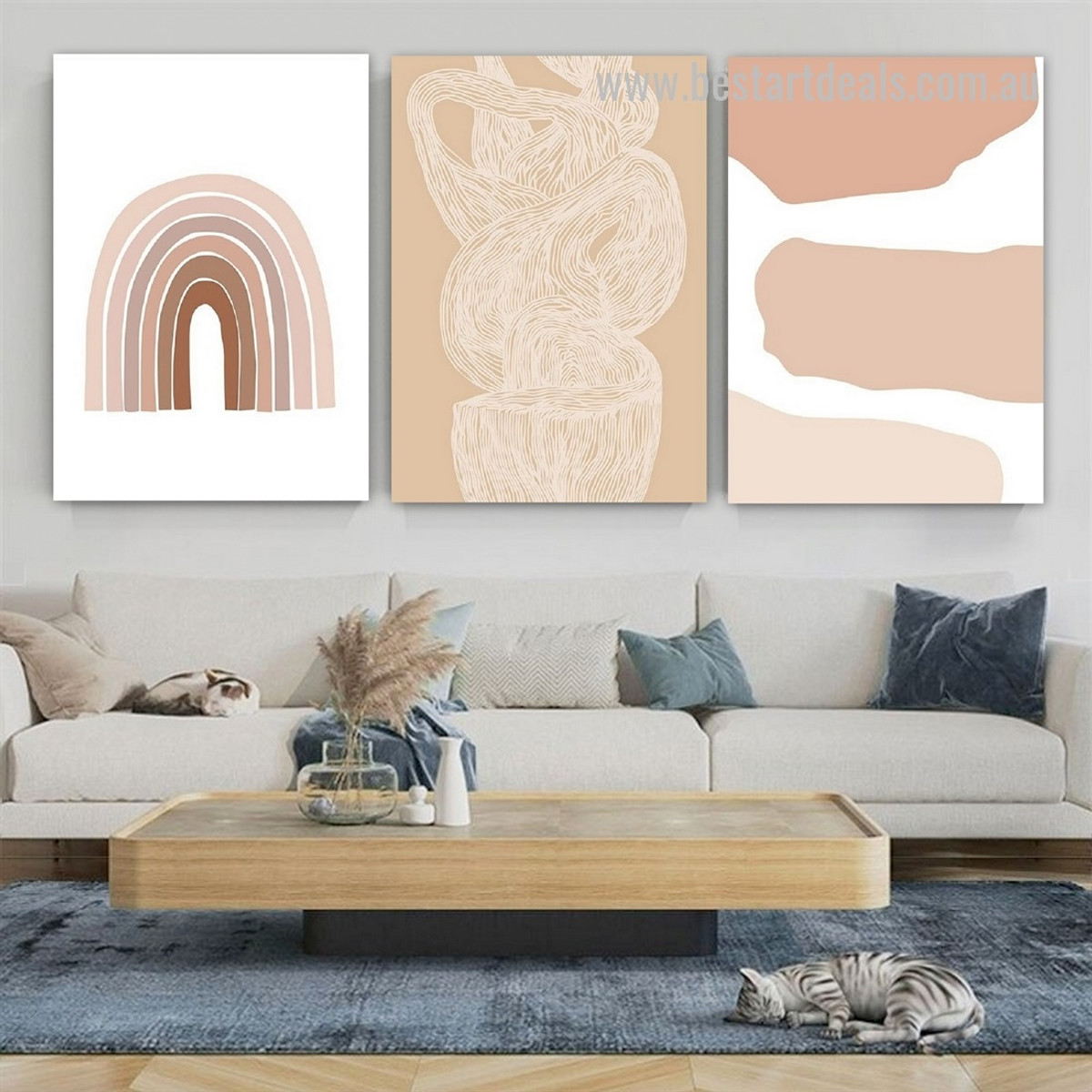 Convoluted Splotches Lines Scandinavian Abstract 3 Piece Framed Stretched Geometric Painting Photograph Canvas Print for Room Wall Embellishment