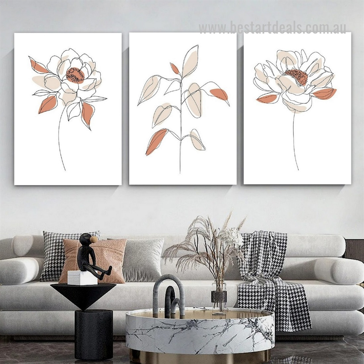 Stria Peony Blooms Leaves Abstract Artwork 3 Piece Photograph Floral Framed Stretched Scandinavian Canvas Print for Room Wall Onlay